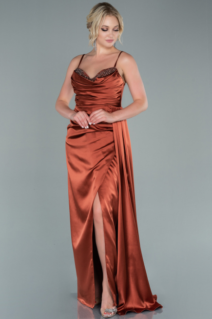 Robe de Soirée Longue Satin Marron clair ABU2477