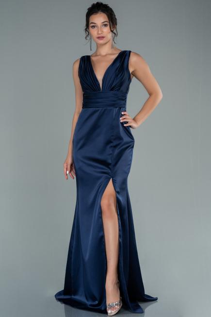 Robe de Soirée Longue Satin Bleu Marine ABU2479