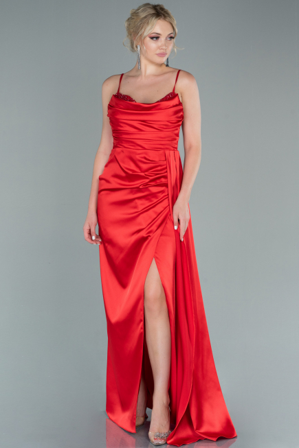 Robe de Soirée Longue Satin Rouge ABU2477