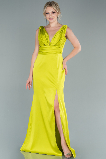 Robe de Soirée Longue Satin Pistache vert ABU2479
