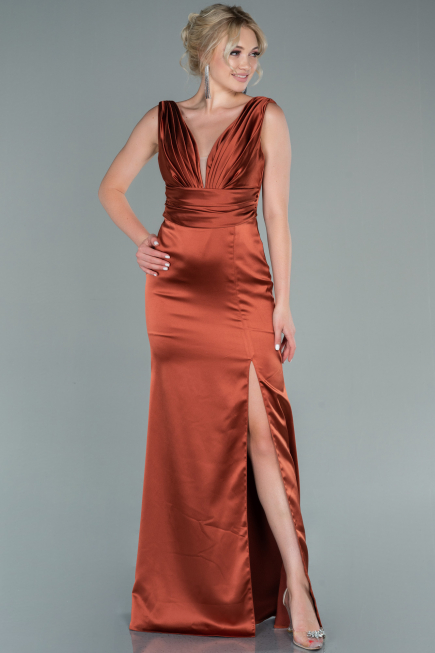 Robe de Soirée Longue Satin Marron clair ABU2479