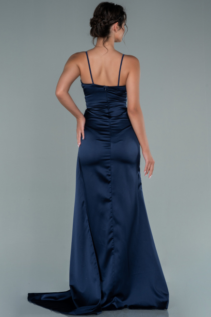 Robe de Fiançaille Longue Satin Bleu Marine ABU2495