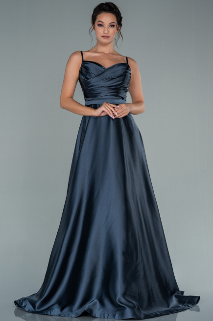 Robe De Soirée Satin Longue Anthracite ABU1601