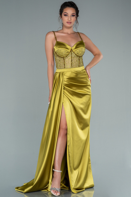 Robe De Soirée Satin Longue Pistache vert ABU2130