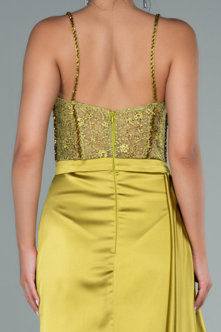 Robe De Soirée Satin Longue Pistache vert ABU2130