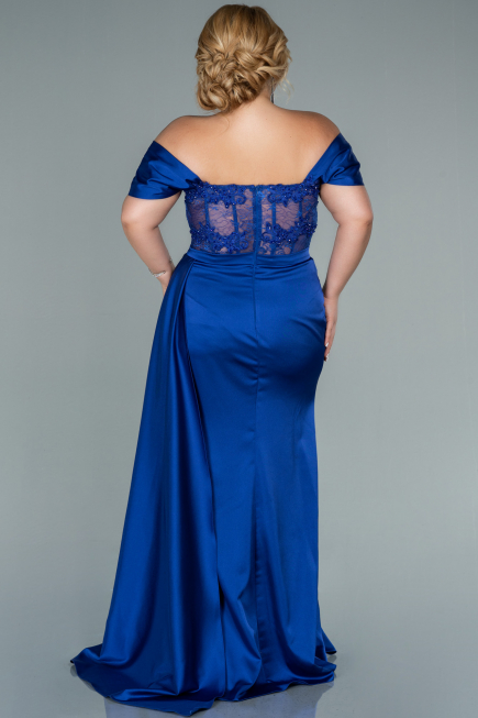Robe Grande Taille Satin Longue Bleu Saxe ABU2371