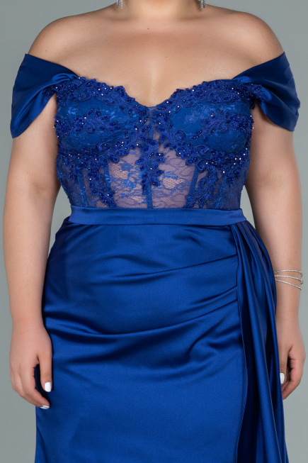 Robe Grande Taille Satin Longue Bleu Saxe ABU2371