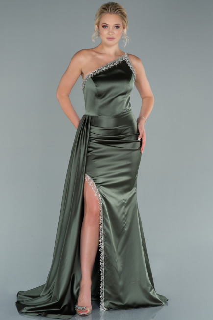 Robe de Soirée Longue Satin Kaki ABU2386