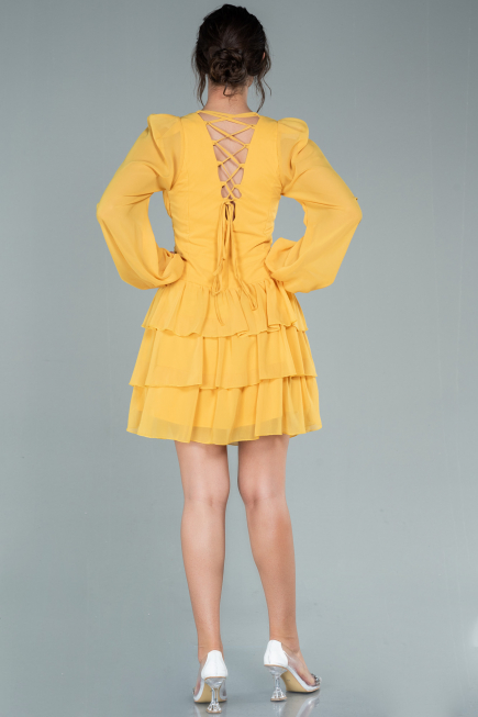 Robe De Cérémonie Mousseline Mini Jaune ABK171