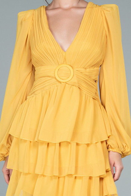 Robe De Cérémonie Mousseline Mini Jaune ABK171