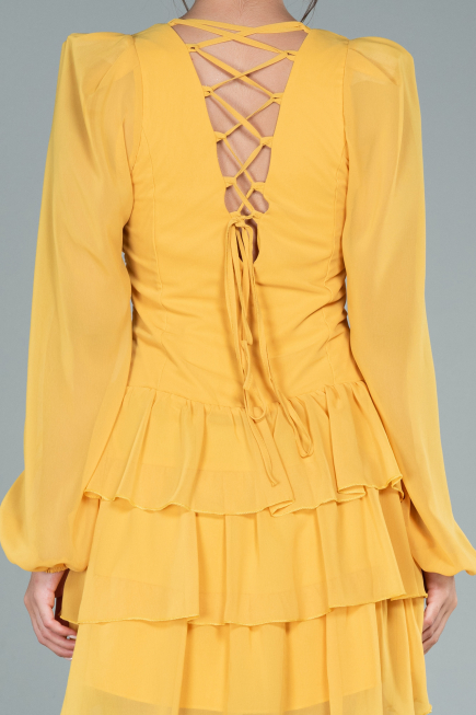 Robe De Cérémonie Mousseline Mini Jaune ABK171
