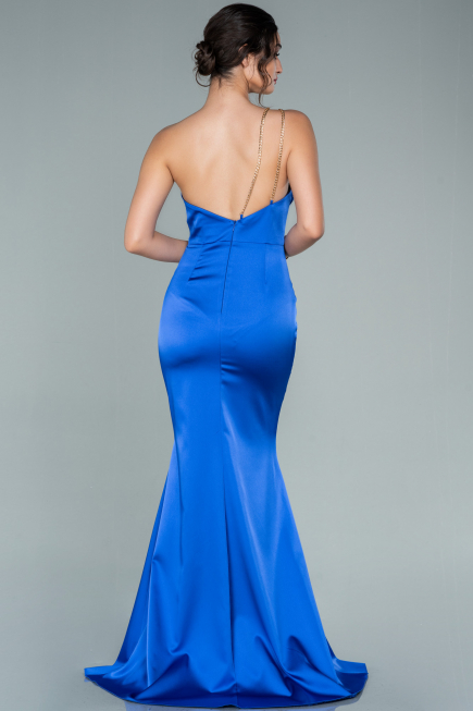 Robe de Soirée Longue Satin Bleu Saxe ABU2518
