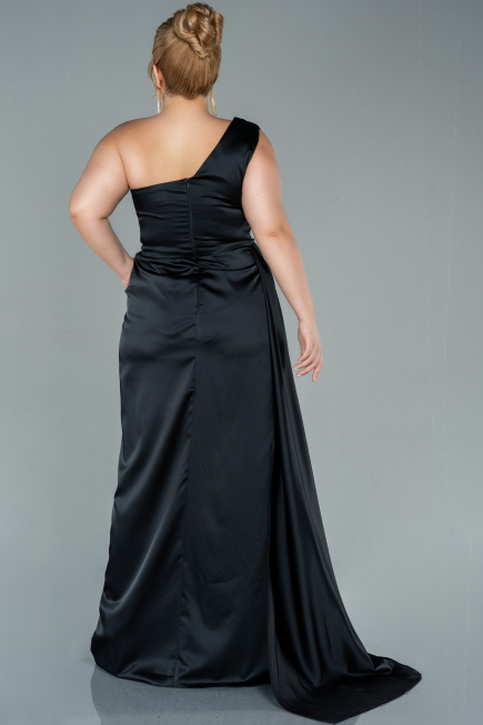 Robe de Soirée Grande Taille Longue Satin Noir ABU2531