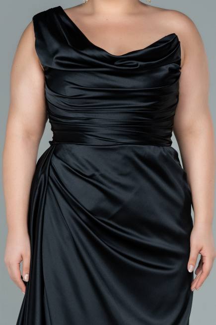 Robe de Soirée Grande Taille Longue Satin Noir ABU2531