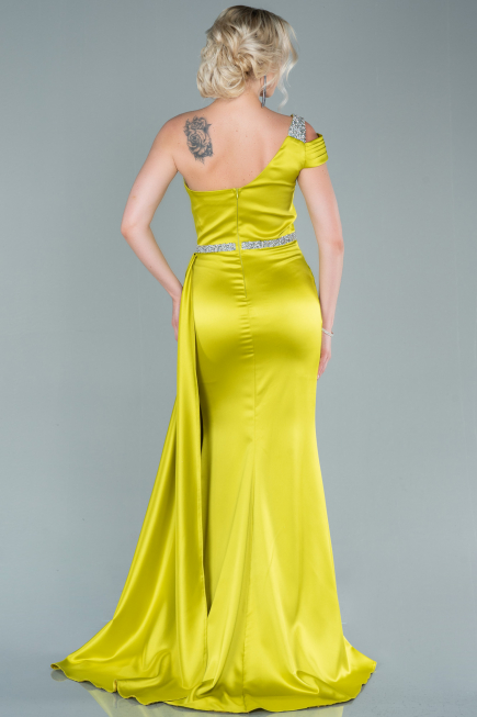 Robe De Soirée Satin Longue Pistache vert ABU2363