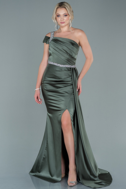 Robe De Soirée Satin Longue Kaki ABU2363