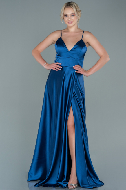 Robe De Soirée Satin Longue Gris-Indigo ABU1458