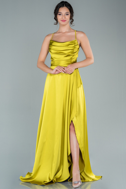 Robe De Soirée Satin Longue Pistache vert ABU1843