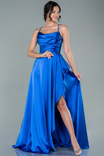 Robe De Soirée Satin Longue Bleu Saxe ABU1843