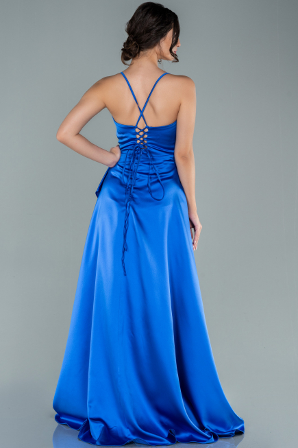 Robe De Soirée Satin Longue Bleu Saxe ABU1843