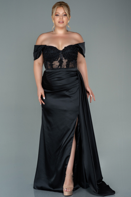 Robe Grande Taille Longue Satin Noir ABU2371