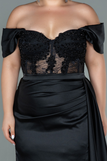 Robe Grande Taille Longue Satin Noir ABU2371