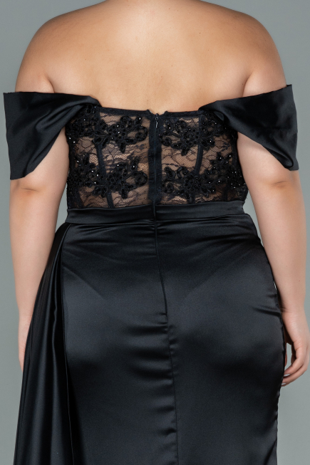 Robe Grande Taille Longue Satin Noir ABU2371