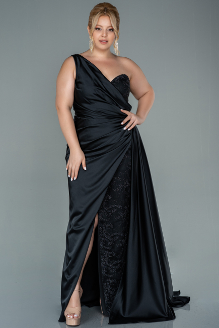 Robe de Soirée Grande Taille Longue Satin Noir ABU2559
