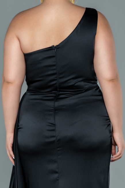 Robe de Soirée Grande Taille Longue Satin Noir ABU2559