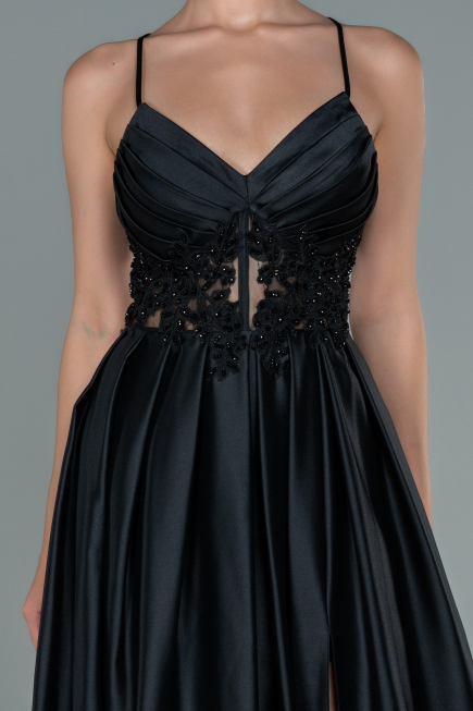 Robe de Soirée Longue Satin Noir ABU2583