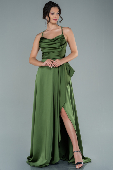Robe de Soirée Longue Satin Kaki ABU1843