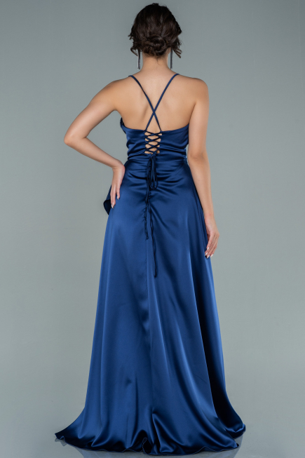 Robe De Soirée Satin Longue Bleu Marine ABU1843