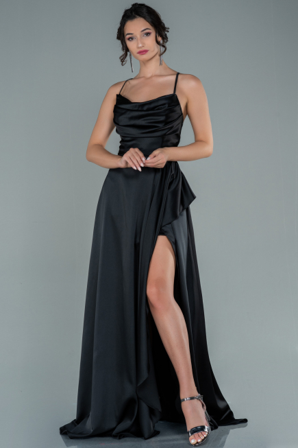 Robe de Soirée Longue Satin Noir ABU1843