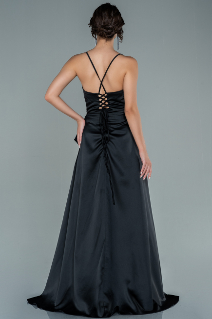 Robe de Soirée Longue Satin Noir ABU1843