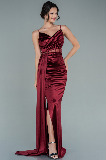 Robe de Soirée Longue Satin Rouge Bordeaux ABU2592