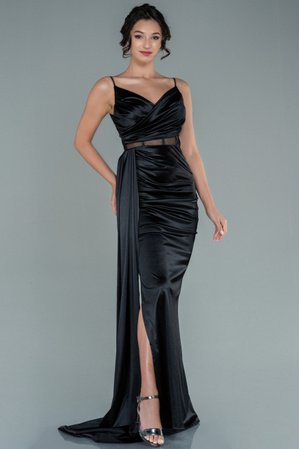 Robe de Soirée Longue Satin Noir ABU2592