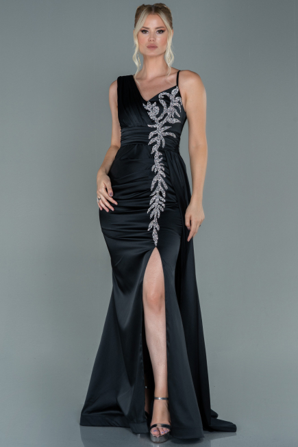Robe de Soirée Longue Satin Noir ABU2598