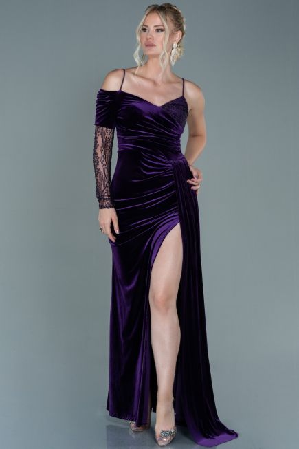 Robe de Soirée Longue Velours Violet Foncé ABU2605