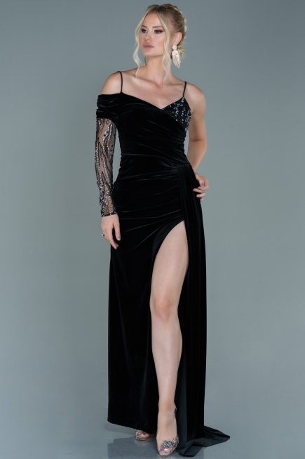 Robe de Soirée Longue Velours Noir-Argent ABU2605