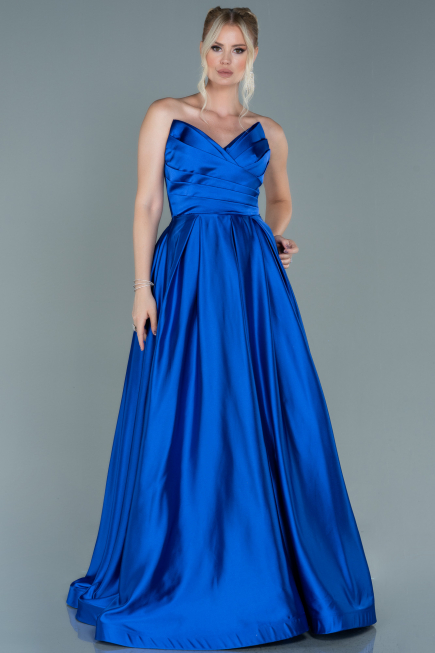Robe de Soirée Longue Satin Bleu Saxe ABU2600