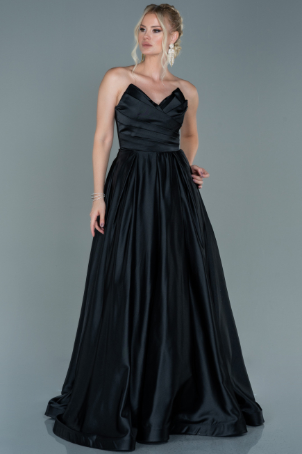 Robe de Soirée Longue Satin Noir ABU2600