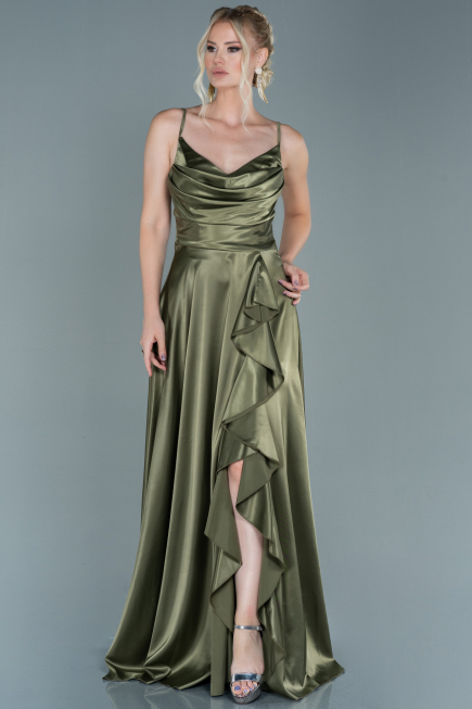 Robe de Soirée Longue Satin Kaki ABU2593