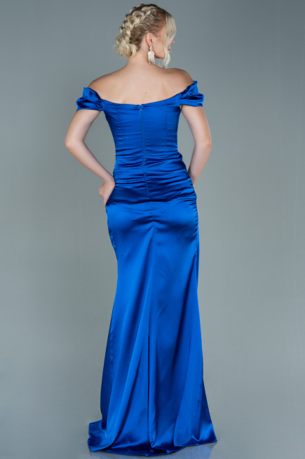 Robe de Soirée Longue Satin Bleu Saxe ABU2608