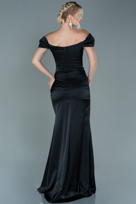 Robe de Soirée Longue Satin Noir ABU2608