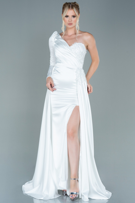 Robe de Soirée Longue Satin Blanc ABU2610