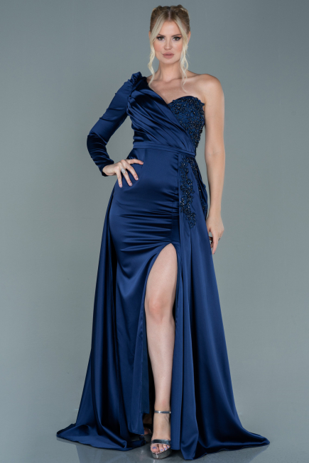 Robe de Soirée Longue Satin Bleu Marine ABU2610
