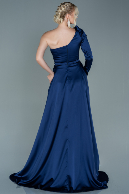 Robe de Soirée Longue Satin Bleu Marine ABU2610