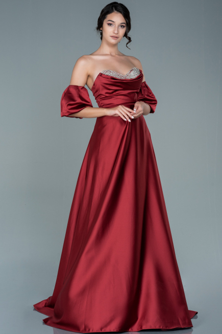 Robe de Soirée Longue Satin Rouge Bordeaux ABU2614