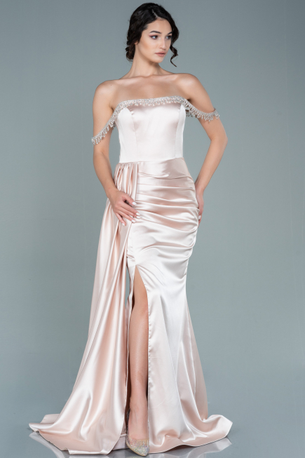 Robe de Soirée Longue Satin Beige ABU2618