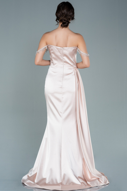 Robe de Soirée Longue Satin Beige ABU2618